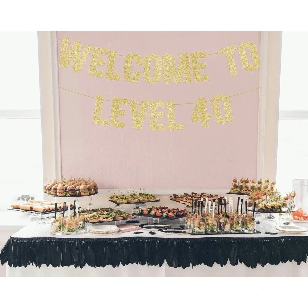 C0024-Gold Glitter Welcome to Level 40 Birthday Banner Gamer 40th Party